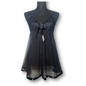 Black Size Small Sequined Floral Mesh Fairy Whimsy Goth Babydoll Mini Dress Set